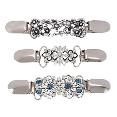 Imagem de Clipes de Xale de Suéter Vintage, 3pcs Hollow Shining Floral Cardigan for Women Girls Sweater Blouse Shawl Collar Dress Shirt Broche