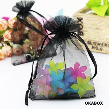 Imagem de Embalagem 100 Saquinhos De Organza preto 9x12 Fita Cetim - OKABOX