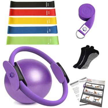 Imagem de YXILEE Conjunto de anéis de pilates - Equipamento de treino em casa feminino - Equipamento de alongamento de faixas de bumbum mini bola de exercício para pernas, braços e coxas