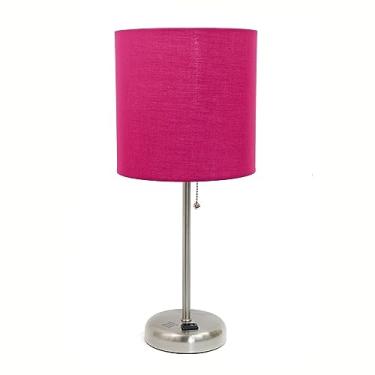 Imagem de Simple Designs LT2024-PNK Candeeiro de mesa em bastão de aço escovado com tomada de carregamento e persiana de tecido de tambor, rosa