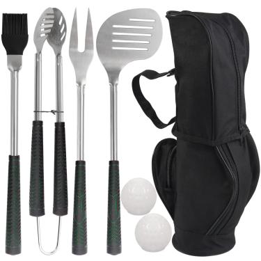 Imagem de Conjunto de 7 peças de ferramentas de churrasqueira estilo Golf-Club da Poligo com alça de borracha – Acessórios de churrasco de aço inoxidável em bolsa estilo clube de golfe – Conjunto completo de utensílios de churrasco – Presente de aniversário para homens, Preto, 7 PCS Barbecue Set