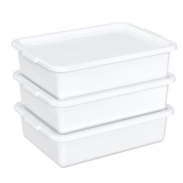 Imagem de EudokkyNA Cubas de prato de grau alimentício de 13 litros com tampas, conjunto de 3 caixas de banheira de ônibus de restaurante, branco