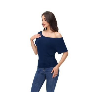 Imagem de Camisetas femininas grandes franzidas casuais Dolman manga curta gola canoa verão ombro de fora regular plus size, Azul marino, 4G