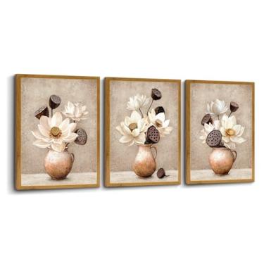 Imagem de Nachic Wall Arte de parede de flor de lótus vintage bege e marrom impressão em tela floral para decoração de casa de fazenda, cozinha, sala de jantar