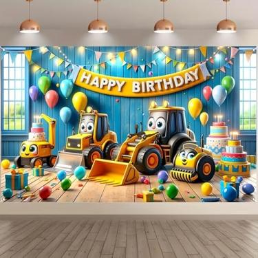 Imagem de BlissYard Pano de fundo de aniversário de veículo de construção, 188 x 109 cm, faixa de feliz aniversário, escavadeira, escavadeira, tema de carros, decoração de festa para meninos e crianças