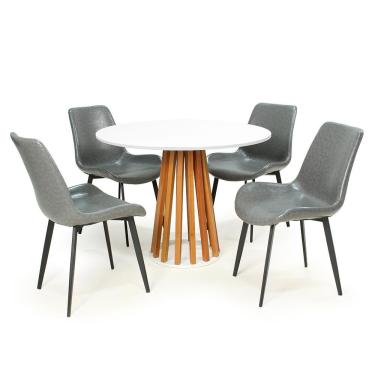 Imagem de Mesa De Jantar Redonda Talia Branca Amadeirada 100cm Com 4 Cadeiras Estofadas Chicago - Cinza Escuro