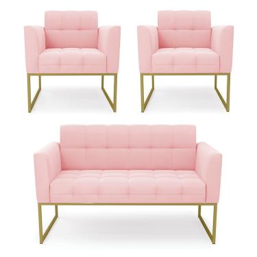 Imagem de Kit 1 Sofá Namoradeira E 2 Poltronas Elisa Suede Rosa Bebê Base Metálica Industrial Dourada D'rossi
