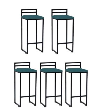 Imagem de Kit 05 Banqueta Alta Com Encosto Petra Balcão Bar Cozinha Bistrô Ferro Preto Suede Azul Turquesa
