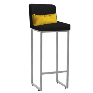 Imagem de Banqueta Alta Com Encosto Industrial Ferro Cinza Suede Preto E Almofada Amarelo - Amey Decor