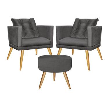 Imagem de Kit 02 Poltrona Com Almofada Solta E Puff Kim Luxo Confort Pé Castanho Sala Suede Cinza - Amey Decor