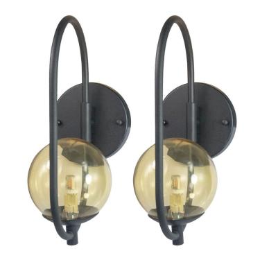 Imagem de Kit 2 Arandela Online Preta Globo De Vidro Ambar + Led 5w