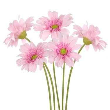 Imagem de ICBOX Flores artificiais de margarida rosa gerbera – 5 peças de margaridas artificiais de toque real com hastes longas, margaridas artificiais de 68 cm para centros de mesa, chás de bebê, decoração de