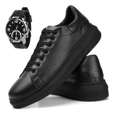 Imagem de Kit Tênis Masculino Sport Fino Sola Alta Couro Costurado Relógio - Mar