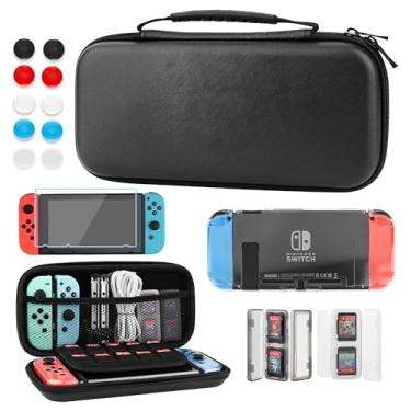 Imagem de GLDRAM Estojo De Transporte Preto Para Nintendo Switch, Pacote Acessórios 11 Em 1 Com Bolsa Viagem Portátil Capa Protetora Transparente, 2 Porta-Cartões Jogo Mini Switch E 6 Protetores Polegar
