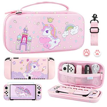 Imagem de FUNDIARY Estojo De Transporte Rosa Para Nintendo Switch Oled Com Design Unicórnio, Bolsa Fina Armazenamento Acessórios Portáteis, Capa Tpu Macio, Alça Ombro, Protetor Tela E 2 Protetores Polegar