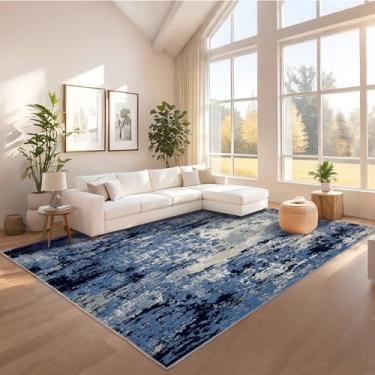 Imagem de COZYLOOM Tapetes laváveis 12 x 18 cm, tapete de interior com estampa abstrata fácil de limpar, tapetes de lã sintética macia que não solta para quarto, cozinha, sala de estar, azul