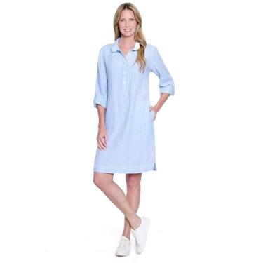 Imagem de John Mark Vestido feminino com gola de fio listrado com mangas e bolsos laterais, Listra azul, M