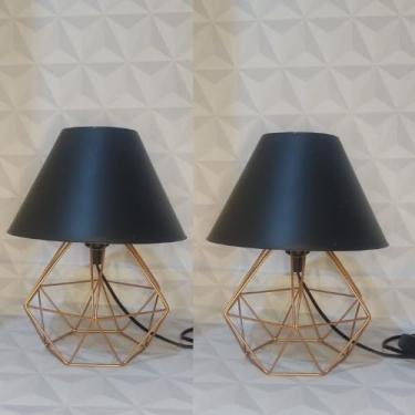 Imagem de Abajur Pequeno luminária Com Aramado Retrô Ideal Para Quarto Diamante KIT 2 (Rose Cupula Preto)