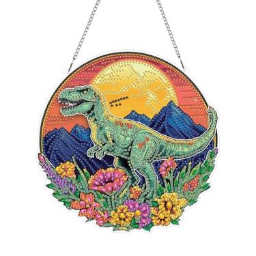 Imagem de Kaliosy Ornamento de arte de diamante para pendurar na janela do animal de dinossauro apanhador de sol - Ornamento acrílico de flor de pintura de diamante, decoração de primavera para varanda ao ar