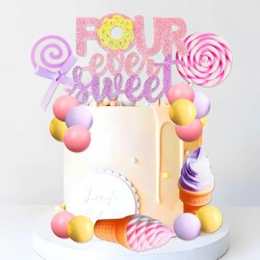 Imagem de Four Ever Sweet Cake Topper Donut 4th Birthday Party Decorations Donut Ice Cream Party Cake Decor for Sweet Dessert Theme Birthday Party Supplies