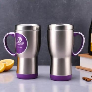 Imagem de Caneca Térmica Parede Dupla em Aço Inox Roxa 350ml com Base Antiderrapante - Estilo Com Logo