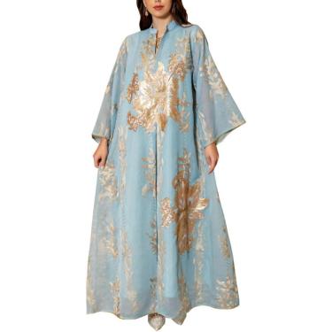Imagem de Mulheres Muçulmanas Abaya Vestido Roupas De Oração Islâmico Kaftan Maxi Vestidos Bordado Frisado Dourado Fio Árabe Robe, Light Blue, XL