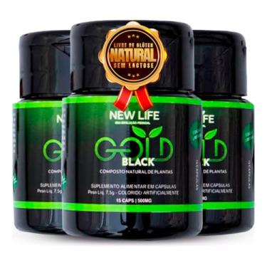 Imagem de New Life Gold Black Suplemento Alimentar Com Cromo Gengibre Teanina Taurina Psyllium 45 Cápsulas Veganas Kit 3 Frascos Adultos