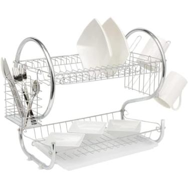 Imagem de Escorredor de Louça Inox Cromado Copos Pratos Talheres com Bandeja Coletora Compacto para Pia Suporte Removível Durável com Design Elegante