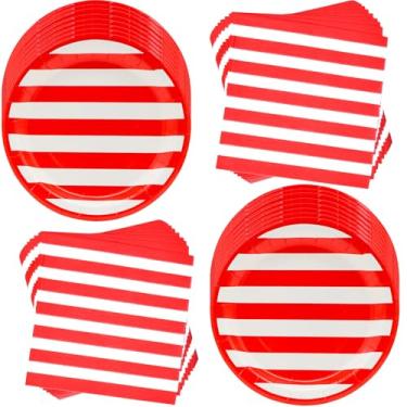 Imagem de Conjunto de 100 peças de suprimentos de festa com listras vermelhas e brancas de 18 cm, pratos listrados vermelhos e brancos e pratos de carnaval vermelhos, guardanapos para festas de carnaval