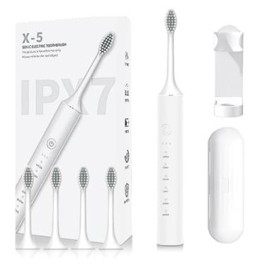 Imagem de Escova de Dentes Elétrica Tem o Nível de Resistência à Água IPX7, um Temporizador Embutido de 2 minutos e 6 Modos Opcionais, Totalizando 18 Níveis. Inclui 4 Cerdas de Escova de Dentes e um Suporte