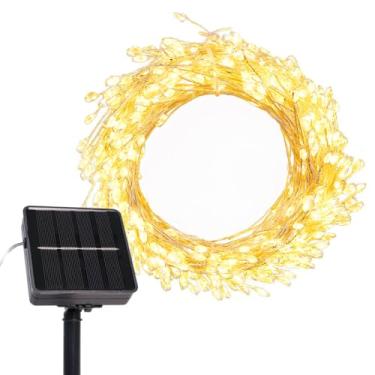 Imagem de PCORES Cordão de luzes solares de 200 LEDs, à prova d'água ao ar livre, 8 modos, luzes de fadas de fogos de artifício de cobre prateado | Decoração movida a energia solar para pátio, varanda
