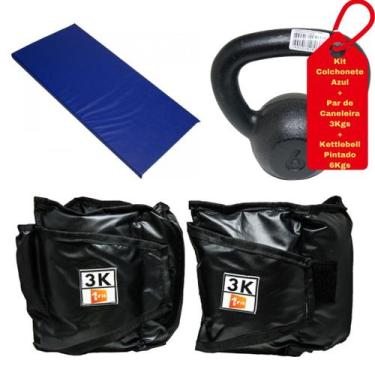 Imagem de Kit Colchonete Azul + Caneleira 3Kg + kettlebell Pintado 6kg - 1 Fit
