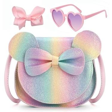 Imagem de LJCTULY Bolsa infantil para meninas - Bolsa tiracolo com laço de orelha de rato pequeno - Bolsa fofa para crianças de 2 a 8 anos - Conjunto de presente de aniversário para meninas (arco-íris)