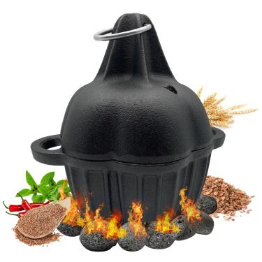 Imagem de JULYSVE Pequena caixa de defumador de ferro fundido e prensa de alho, caixa de defumador de lascas de madeira pré-temperada para churrasqueiras a gás/pellet/carvão, assadeira de alho de ferro fundido