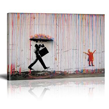 Imagem de HYFBH Arte de parede em tela Banksy para sala de estar, arte de parede com impressão de Banksy chuva colorida abstrato grafite tela decoração de parede grafite arte pop arte arte moderna decoração de