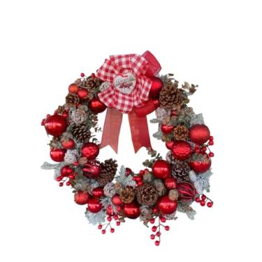 Imagem de Guirlanda Natalina Rústica 55 cm – Decoração de Natal Artesanal com Pinhas, Bolas Vermelhas e Laço Xadrez para Porta, Parede ou Lareira