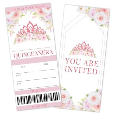 Imagem de Convites de ingressos de festa de aniversário floral para meninas adolescentes, convites de aniversário de quinze anos para adolescentes, 20 cartões de convite com envelopes, decorações de