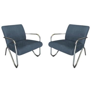 Imagem de Kit 2 Poltronas Decorativa Bela Linho Azul Marinho Braço Cromado Mz De