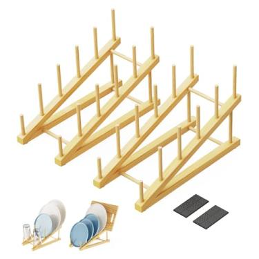 Imagem de BusyePa Pacote com 2 escorredor de pratos de bambu para cozinha – Organizador de armazenamento de bancada e armário que economiza espaço para pratos, copos, utensílios, tampas de panela, tábuas de