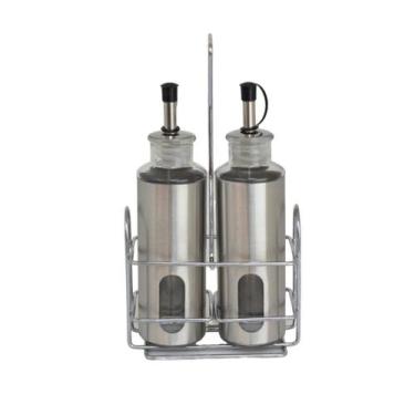 Imagem de Galheteiro 3 Peças Vidro e Aço Inox Azeiteiro Vinagreiro C/suporte - K
