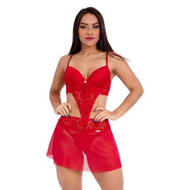 Imagem de Body IMI Lingerie Com Bojo E Saia Renda Tule Calcinha Fio Luxo Hari Ve