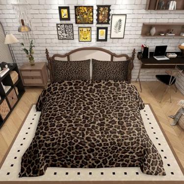 Imagem de Erosebridal Conjunto de edredom casal com estampa de chita para adolescentes e adultos, conjunto de cama de leopardo marrom, edredom de textura de pele de animal, conjunto de cama rústica com 2