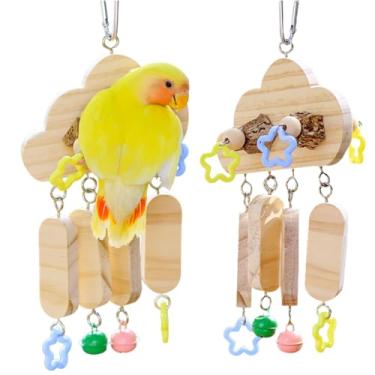 Imagem de Brinquedos para mastigar pássaros, brinquedos de mastigar pendurados de madeira natural com estrelas coloridas de acrílico e sinos de anel, acessórios de gaiola de aviário para papagaios, periquitos