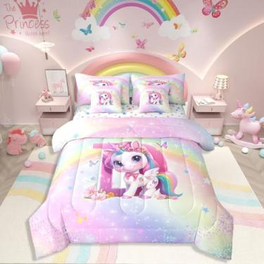 Imagem de Conjunto de cama infantil solteiro em uma bolsa de unicórnio rosa para meninas, edredom de galáxia arco-íris colorido, ultraestrela, alfabeto fofo, letra D, flor, borboleta, desenho animado, unicórnio