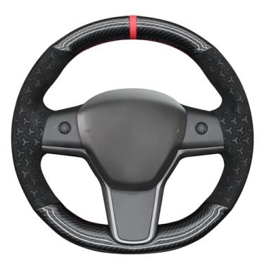 Imagem de MEWANT Capa de volante de fibra de carbono PU brilhante em relevo "faça você mesmo" Geom para Tesla Model Y 2023 Model 3 2017-2023