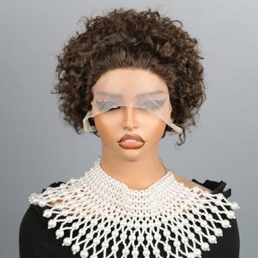 Imagem de Peruca de cabelo humano 33 x 10 cm corte Pixie peruca de cabelo humano cacheado curto HD marrom chocolate perucas frontais para mulheres 15 cm curto encaracolado pré-arrancado com cabelo de bebê