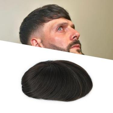 Imagem de Peruca de cabelo humano preto para homens 1B Peruca de cabelo Remy com laço suíço com nós descoloridos (1B-PUaround)