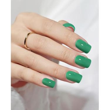Imagem de 24 peças de unhas curtas quadradas com cola gelatinosa, kit reutilizável de unhas postiças de gel macio para mulheres e meninas com recurso de revestimento protetor UV faça você mesmo, unhas verdes