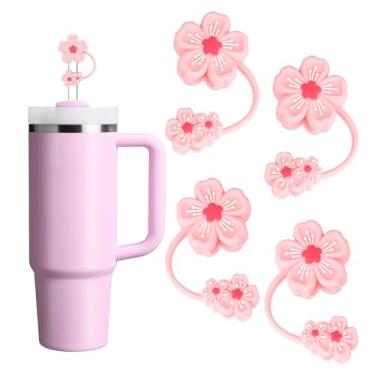 Imagem de 4 peças de cobertura de palha de flor de cerejeira rosa para Stanley Cup, topo de palha de silicone para copos Stanley 50 e 30 e 1,134 g, topo de palha de flor rosa reutilizável se encaixa