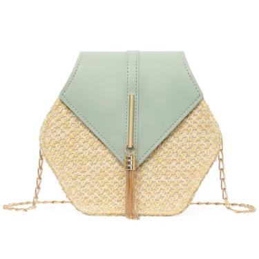 Imagem de GOIACII Bolsa tiracolo feminina Straw Summer Shoulder pequena bolsa de praia com borla de corrente de metal, Verde, 8.07" x 7.09" x 6.89" (L x W x H)